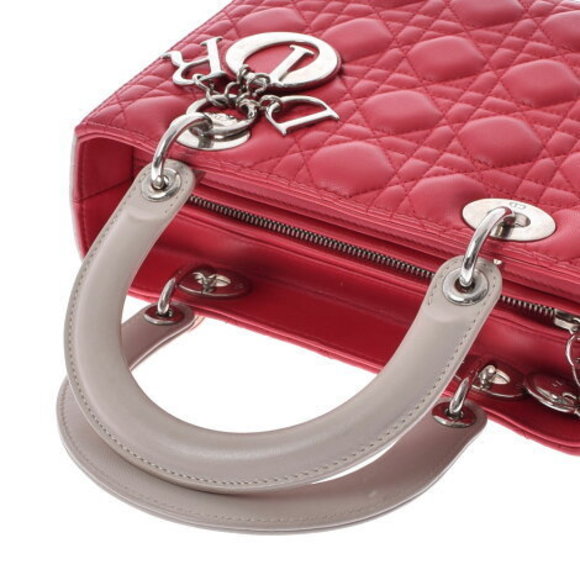 CHRISTIAN DIOR Lady Cannage Bicolor Beige Red Lambskin Handbag - Picture 3 of 12